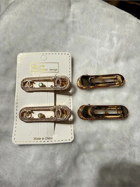 4 Gold-Tone Embellished Hair Clips W/ Rhinestone